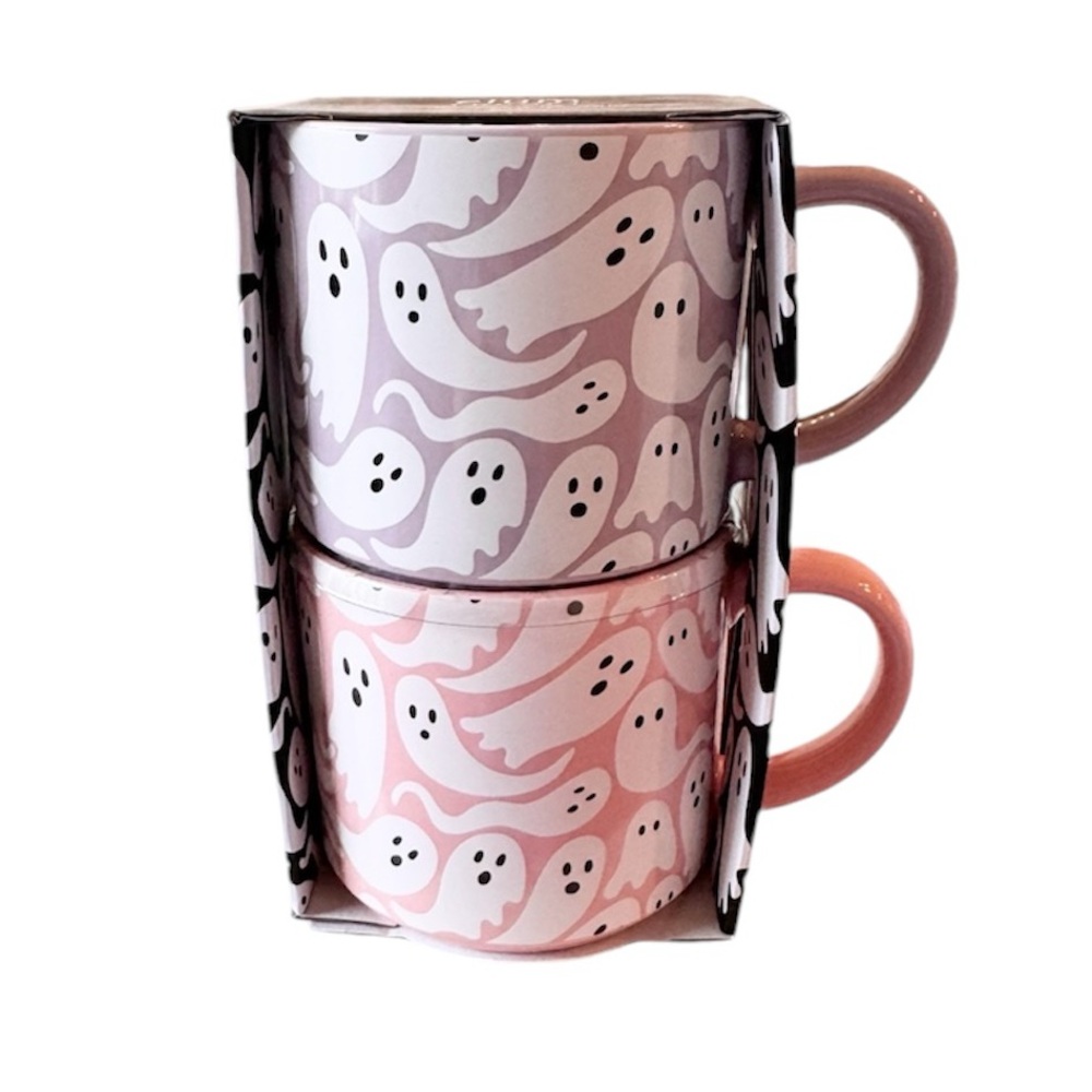 🩷 PASTEL PINK + PURPLE Ghost Mug Set Stackable Halloween Mugs NEW Elum Home